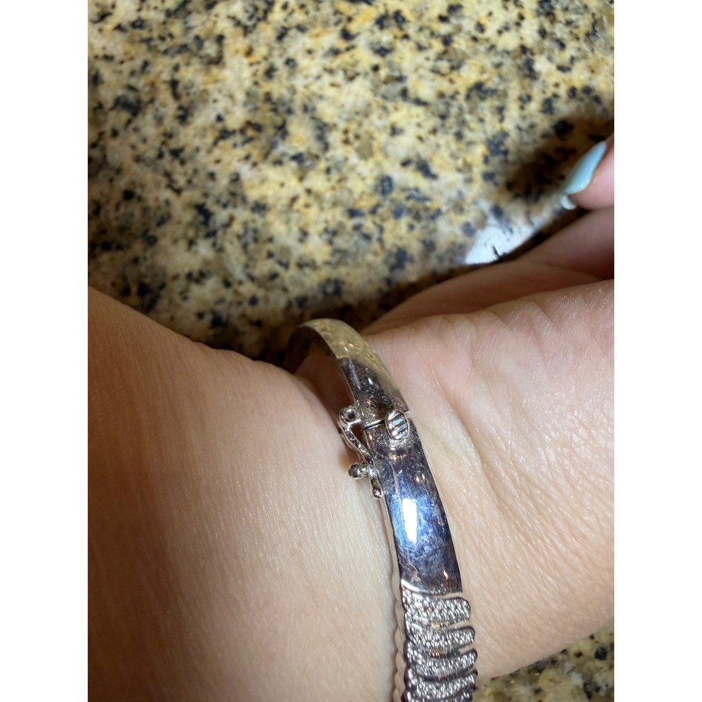 Silver Tone Pavé Ribbed Hinged Bangle Bracelet with Safety Clasp - Picture 4 of 8